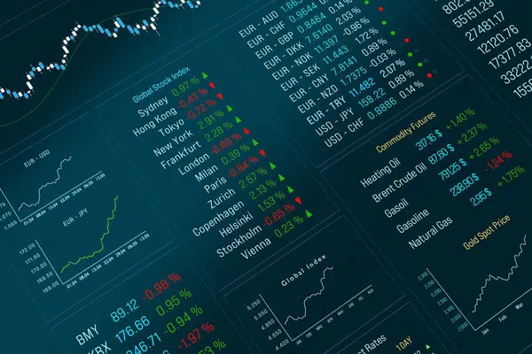 stock image Stock market and exchange trading screen. Index, currency, bond and commodity information. Equity prices, charts, graphs, financial figures, exchange rates. 3D illustration