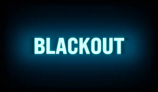 Stock image Blackout sign. Bright illumintaed letters, blue background with dark edges. Blackout in bright red letters. Power blackout, no energy and system failure. 