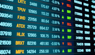 Komisyon işi, ekranda işlem verileri, mevcut alım satımlar için tabelalar. Borsa ve borsa konsepti, bilgi, piyasa erişimi. 3B illüstrasyon