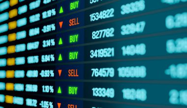 Ticari verilerle ekranı kapat, mevcut alım satımlar için tabelalar al ve sat. Borsa ve borsa konsepti, bilgi, piyasa erişimi. 3B illüstrasyon