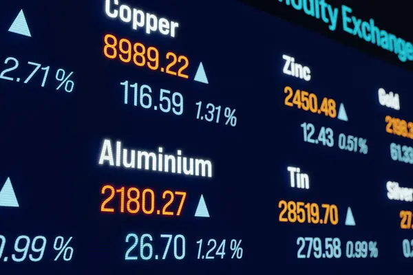 stock image Aluminium, copper, tin and zinc price rises, industrial metals. Ticker on the screen with trading information. Business, commodity, stock market and exchange, market research. 3D ilustration