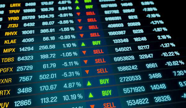 Brokerage business, transaction data on the screen, buy and sell signs for current trades. stock market and exchange concept, financial fiigures. 3D illustration
