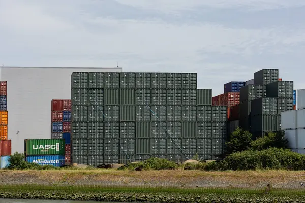 Stock image Netherlands Rotterdam July 2024 - Cargo terminal at the freight and industrial port of Rotterdam. Many stacked different containers, waiting for onward transport.