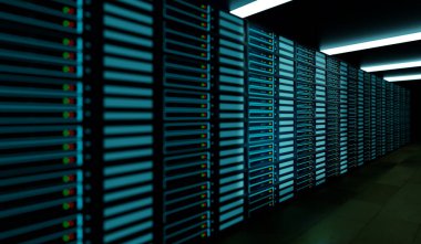 Sunucu odasına bak. Bilgisayarlar bastırılmış ışıklandırmalı bir odada dizilmişler. Teknoloji, veri depolama, sabit diskler, bilişim servisi, bulut hesaplama. 