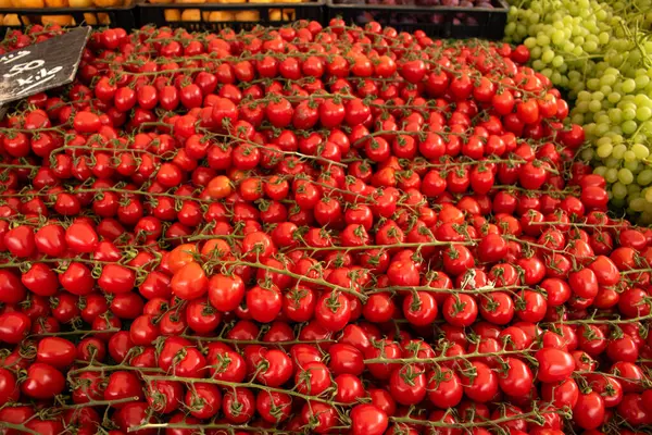 stock image Vine-ripened tomatoes at a market stall. Ripe tomatoes to buy at the weekly market in Rotterdam. 