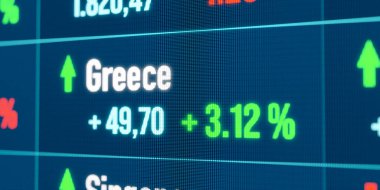 Yunanistan borsasında yükselişte. Büyüme, olumlu eğilim, boğa pazarı, borsa rallisi, finans piyasaları, başarı, iş.