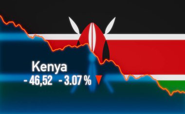 Kenya borsası düştü. Kenya bayrağıyla düşen çizelge. Ayı pazarı, durgunluk, borsa çöküşü, olumsuz eğilim, zayıf iş, yatırım, ticaret, kayıp.