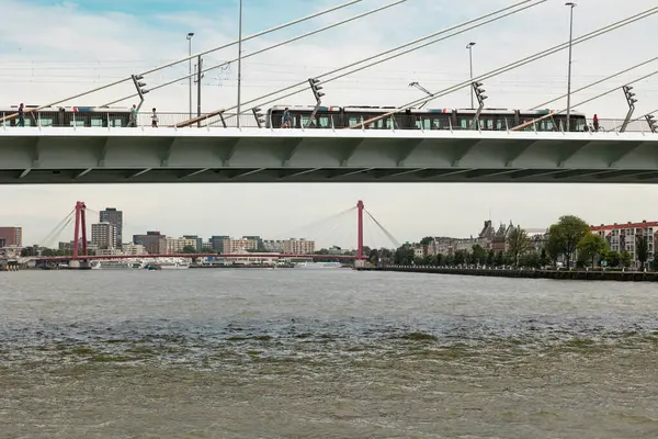 stock image Rotterdam Netherlands - July 9, 2024: People walk along the Erasmus Bridge, a streetcar passes by. The Willems Bridge can be seen in the background.