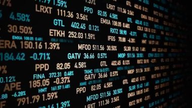 Fiyatları ve yüzde değişiklikleri olan soyut hisse senedi kalpazanı. İş, piyasa verileri, finansal rakamlar. Soyut borsa ve döviz konsepti. 3 Boyutlu Canlandırma