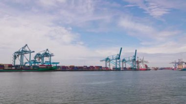 Rotterdam Hollanda - 9 Temmuz 2024: Kargo vinçleri, konteynır ve nakliye gemileriyle Rotterdam limanının panoraması yazın hafif bulutlu bir günde. Uluslararası yük ve mal taşımacılığı.