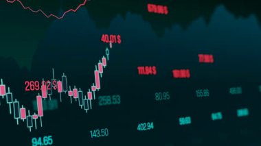 Veri içeren soyut borsa konsepti, şamdan şeması, finansal rakamlar, çizgiler, grafik. Mavi ve kırmızıya boyanmış. Kısmen odaklanmamış.