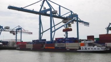 Rotterdam Hollanda - 9 Temmuz 2024: Kargo vinçleri, konteynır ve nakliye gemileriyle Rotterdam limanının panoraması yazın hafif bulutlu bir günde. Uluslararası yük ve mal taşımacılığı.