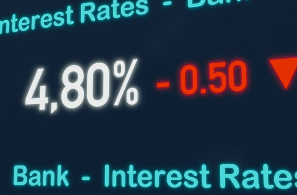 Falling interest rate, interest rate cut by the central bank. Boost for the economy. Lower interest rates for loans and savings accounts.