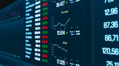 Fiyat, tablolar, grafikler ve finansal rakamlarla borsa ve döviz ekranı. İş, veri, ticaret, araştırma, analiz, yatırım. 3 Boyutlu Canlandırma