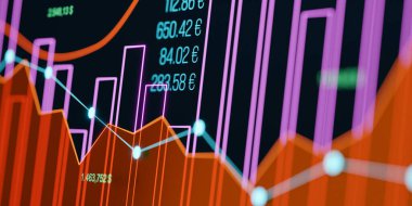 Yakın çekim hattı, grafikler, pembe grafik ve mavi veri. Soyut kavram, finansal rakamlar, bilgi, borsa ve döviz konsepti. 3B illüstrasyon