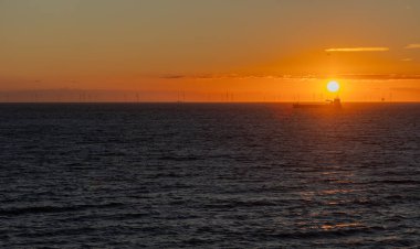 Martı ve güneşe yakın bir nakliye gemisi. Hollanda 'da gün batımında Kuzey Denizi' nde rüzgâr tarlası.