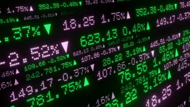 Hisse senedi fiyatları, yeşil ve pembe yüzdeler. Soyut kalp tahtası, finans piyasası, ekran, iş, ticaret, faizler, tırnak içinde yatırım. 3 Boyutlu Canlandırma