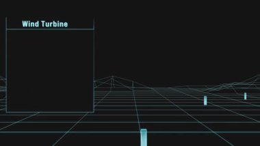 Şebeke haritasında belirli teknik verilere sahip rüzgar türbinlerinin hologramı görülüyor. Teknoloji, çevre, rüzgar çiftliği, sürdürülebilir enerji.