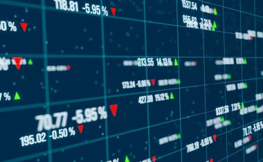 Değişikliklerle rastgele fiyatlar, arka planda tel çerçeve. Soyut kalp atışı ve borsa konsepti. Kırmızı ve yeşil oklar, yukarı ve aşağı. Ticari bilgiler, iş yerleri, finansal rakamlar. 3B illüstrasyon