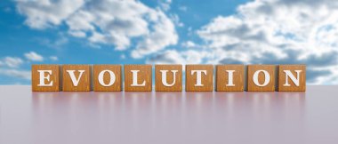 Evrim. Beyaz büyük harfli tahta zarlar ve 