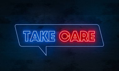 Kendine iyi bak. Koyu beton bir duvarda mavi ve kırmızı ışıklı neon tabela. Tavsiye, yardım, sağlık ve ilaç, rahatlama, sürdürülebilir yaşam.