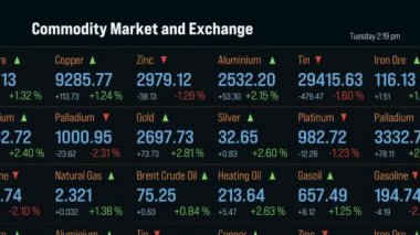 Farklı mallar, metaller, bakır, çinko, altın, gümüş veya ham petrol, doğal gaz, fiyatlar ve yüzde değişiklikleri içeren ekran. İş, ticaret, yatırım, arz ve talep.