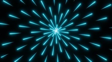 Radyal simetrik neon kıvılcım deseni, maviyle aydınlatılmış. Merkezden uzaklaşan çizgiler, soyut şekil.