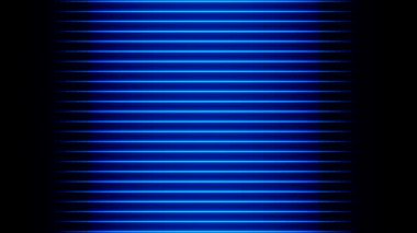Mavi neon ışıklarıyla aydınlatılmış yatay çizgiler. Simetrik desen, art arda, tek çizgiler halinde, neon ışıklar, soyut, arka plan, parlaklık. 2 Boyutlu Canlandırma
