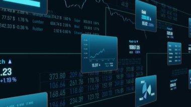 Soyut borsa ve grafikler, grafikler ve iş verileriyle değiş tokuş. Yatırım, ticaret, finansal rakamlar, hisse senedi ve emtia konsepti. 3 Boyutlu Canlandırma