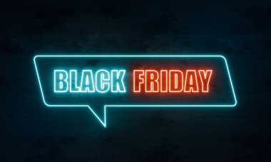 Black Friday, blue red illuminated neon sing. Shopping event, marketing, banner, sale, advertising, shopping deals, commercial sign, discount. clipart