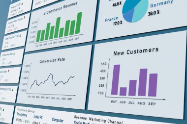 Kontrol paneli çevrimiçi satış istatistikleri ve ekommerce raporları. İnternet iş sunumu, konuşma oranı, gelirler, getiriler, yeni müşteriler, pazarlama.