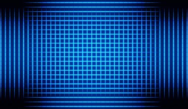 Mavi neon ışıkta yatay ve dikey olarak aydınlatılmış çizgiler. Simetrik desen, tek satır halinde, neon ışıkları, soyut, arkaplan, parlayan.