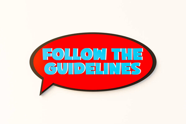 Follow the guidelines. Cartoon speech bubble. Colored online chat bubble, comic style. Rules, manual, advice, authority, strategy, management, instruction. 3D illustration
