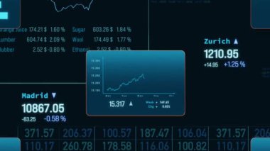 Yükselen grafikli soyut borsa konsepti. İş, ticaret, yatırım, piyasa verileri, dengesiz, finansal rakamlar. Kavram, 3 boyutlu animasyon.