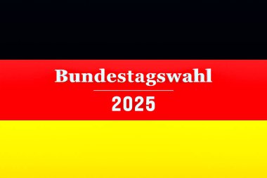 Bundestagswahl 2025 (Almanya federal seçimleri). Almanya 'nın ulusal renklerinde bir geçmiş. Siyaset ve hükümet, seçim, demokrasi, Avrupa, oy.