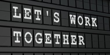 Birlikte çalışalım. Beyaz metinli siyah zaman çizelgesi görüntüsü. Takım çalışması, destek, takım oluşturma. 3B illüstrasyon