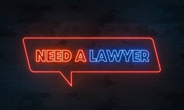 Need a lawyer. Illuminated neon sign in blue and bred on a dark concrete wall. LEgal, process, attorney. clipart