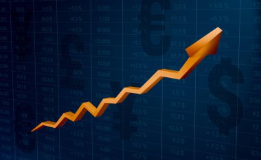 Yükselen altın ok, yükselen iş, zenginlik, ilerleme, iyileşme, finansal rakamlar, rakamlı veri tablosu. Pozitif trend, büyüme ya da pozitif kazanç. 3B illüstrasyon.