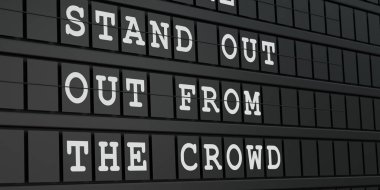 Kalabalıktan uzak dur. Beyaz metinli siyah zaman çizelgesi görüntüsü. Çeşitli, bireysellik, özel, farklı. 3B illüstrasyon