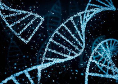 Askıya alınmış parçacıkların bulunduğu sıvı bir ortamda soyut mavi DNA iplikleri. Mikrobiyoloji, genom, laboratuvar araştırması, eczane, genetik ve tıp bilimi konsepti. 3B illüstrasyon