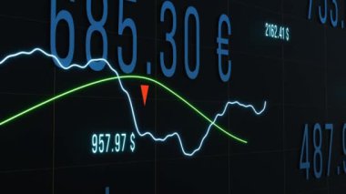 Finansal piyasa verileri ve işaret oklarıyla yükselen tablo. Ticaret, ticaret, borsa ve takas, araştırma, yatırım, büyüme. 3 Boyutlu Canlandırma