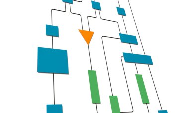 İş akışı şeması, organigram. Birbirine bağlı çizgiler ve geometrik şekiller. Serseri, harita, harita, çizelge, karar ağacı, birleştirme işlemi devam ediyor. 3B illüstrasyon