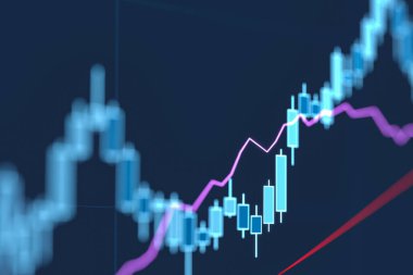 Borsa grafiğini kapat ve yükselt. Borsa, ticaret, ticaret, piyasa araştırması, yatırım, büyüme, zenginlik. 3B illüstrasyon