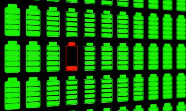 Close up control panel of full charged batteries, one battery is empty. Energy consumption, energy efficiency, technology, electricity, energy storage and progress bar. clipart