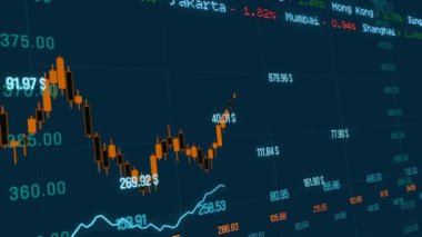 Çizelge ve grafik yukarı aşağı hareket ediyor, borsa ve bilgi alışverişi. Ticaret, ticaret, piyasa araştırması, yatırım, mali veri ve bilgi. 3B illüstrasyon