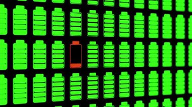 Tam şarjlı bataryaların kontrol panelini kapat, bir batarya boş. Enerji tüketimi, enerji verimliliği, teknoloji, elektrik, enerji depolama ve ilerleme çubuğu.