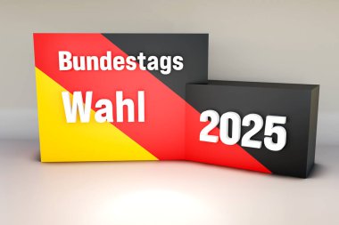 Bundestagswahl 2025 (Almanya federal seçimleri). Almanya 'nın ulusal renklerinde duvar ve beyazla yazı. 3B illüstrasyon