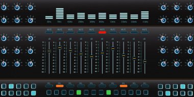 Ön görünüm ses karıştırıcı arayüzü dengeleyici, ses, desibel görüntü ve kaydırma kontrolüyle. Kayıt stüdyosu, frekansların ve ses parametrelerinin ayarlanması.