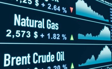 Benzin fiyatları yükseliyor, ticaret kurulu. Yükselen gaz grafiği olan mavi ekran. İş, ticaret, petrol ve gaz endüstrisi, emtia. 3B illüstrasyon