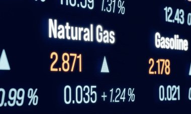 Natural Gas price rises, energy future contract. Close up trading information. Business, commodity, stock market and exchange, oil and gas industry. 3D illustration clipart